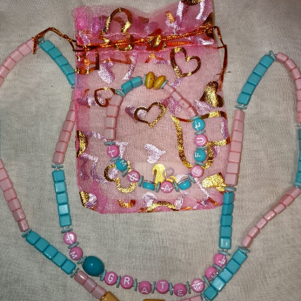 Baby blue/pink "I'm Grateful" affirmation waist beads/bracelet set